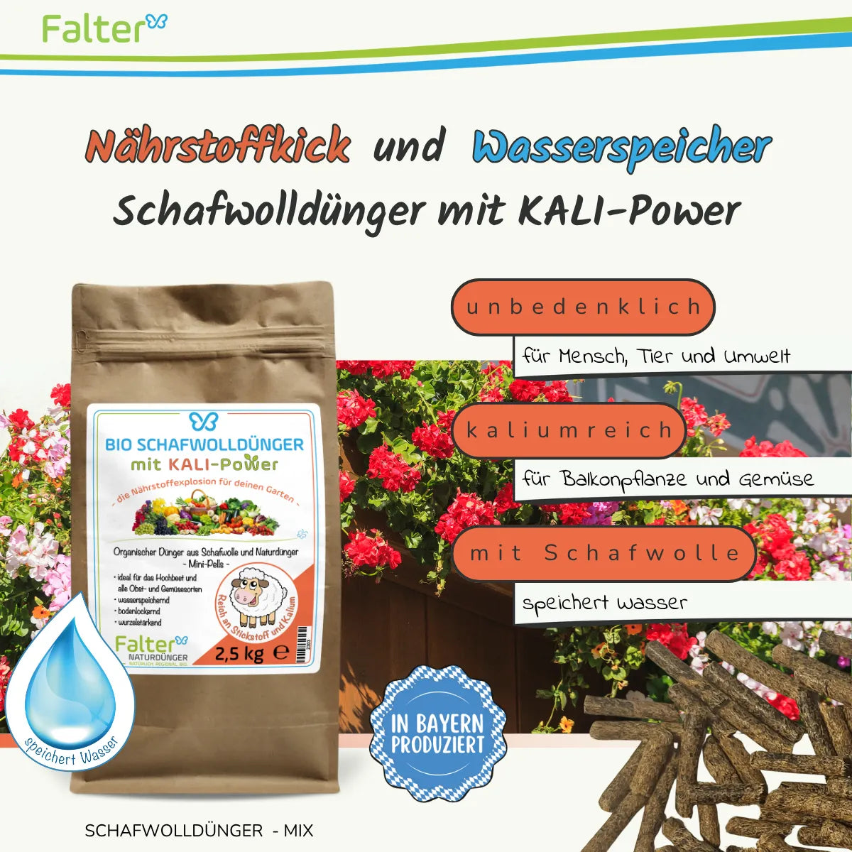 Falter BIO Schafwolldünger mit KALI-Power 2500 g: Nährstoffkick und Wasserspeicher. Unbedenklich für Mensch, Tier und Umwelt. Kaliumreich für Balkonpflanzen und Gemüse. Mit Schafwolle: speichert Wasser.