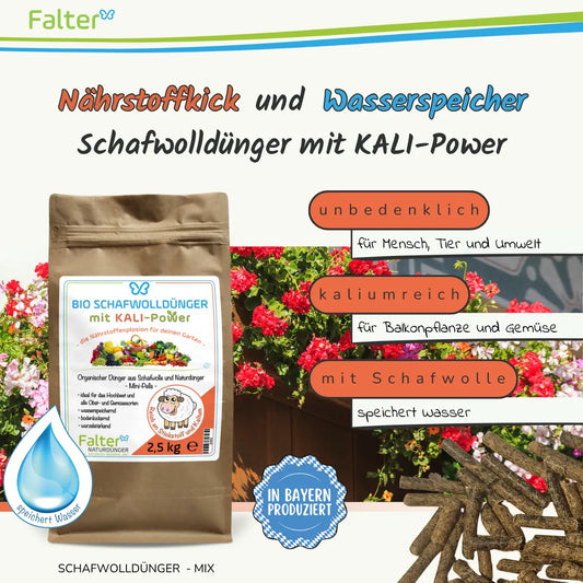 Falter BIO Schafwolldünger mit KALI-Power 2500 g: Nährstoffkick und Wasserspeicher. Unbedenklich für Mensch, Tier und Umwelt. Kaliumreich für Balkonpflanzen und Gemüse. Mit Schafwolle: speichert Wasser.
