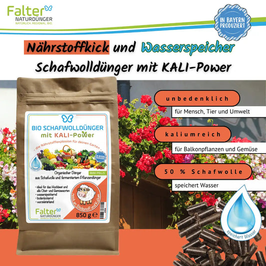 Nährstoffkcik und Wasserspeicher: Schafwolldünger mit KALI-Power. Unbedenklich für Mensch, Tier und Umwelt. Kaliumreich für Balkonpflanzen und Gemüse. 50 % Schafwolle: speichert Wasser.