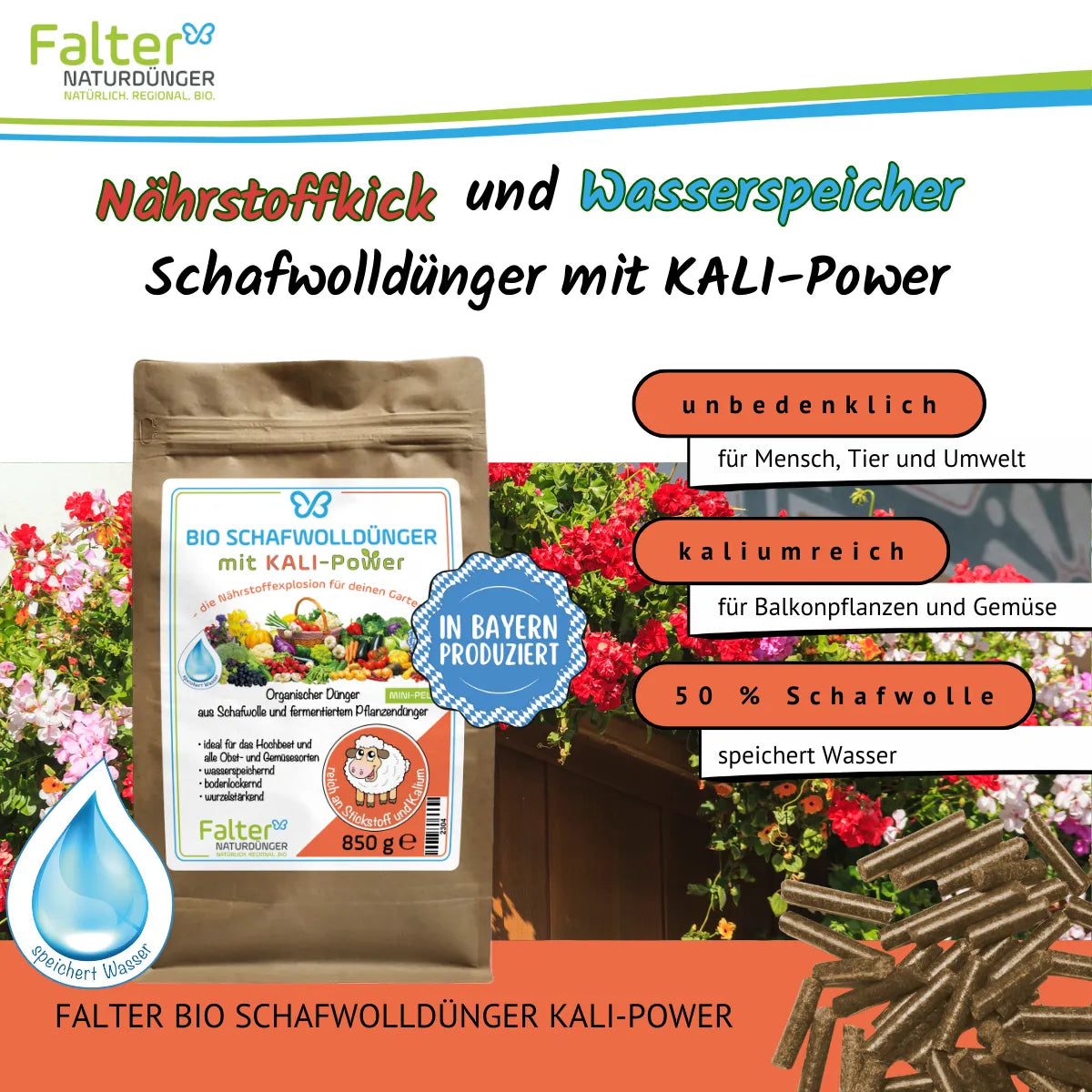 Falter BIO Schafwolldünger mit KALI-Power 850 g: Nährstoffkick und Wasserspeicher. Unbedenklich für Mensch, Tier und Umwelt. Kaliumreich für Balkonpflanzen und Gemüse. Mit Schafwolle: speichert Wasser.