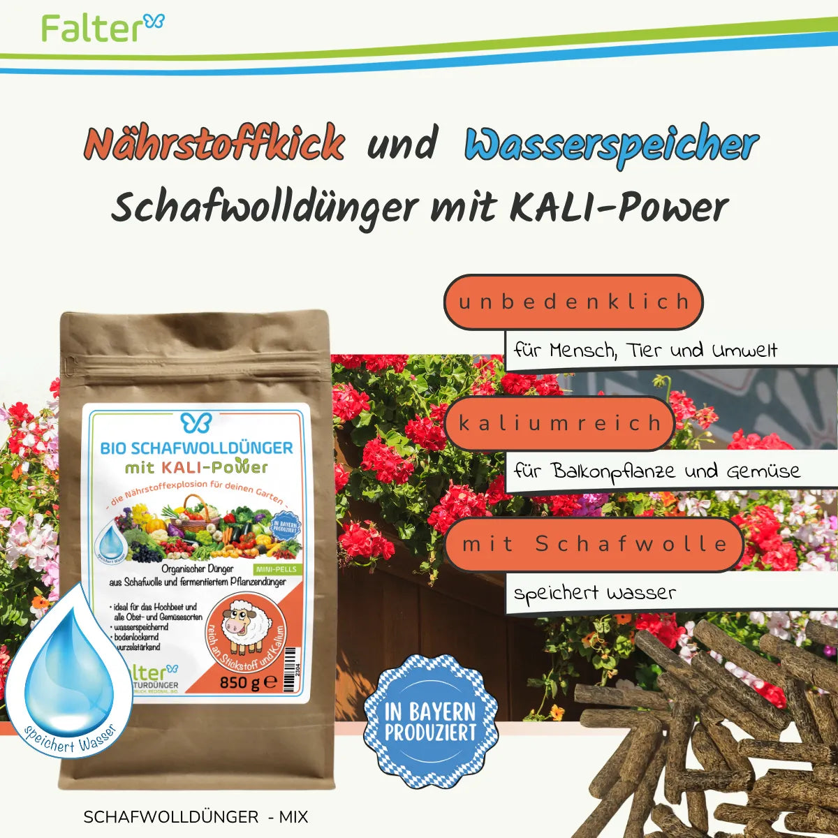 Falter BIO Schafwolldünger mit KALI-Power 850 g: Nährstoffkick und Wasserspeicher. Unbedenklich für Mensch, Tier und Umwelt. Kaliumreich für Balkonpflanzen und Gemüse. Mit Schafwolle: speichert Wasser.