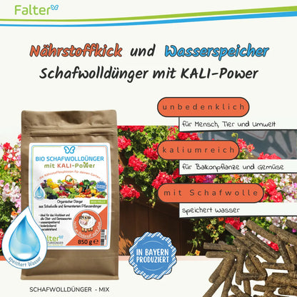 Falter BIO Schafwolldünger mit KALI-Power 850 g: Nährstoffkick und Wasserspeicher. Unbedenklich für Mensch, Tier und Umwelt. Kaliumreich für Balkonpflanzen und Gemüse. Mit Schafwolle: speichert Wasser.