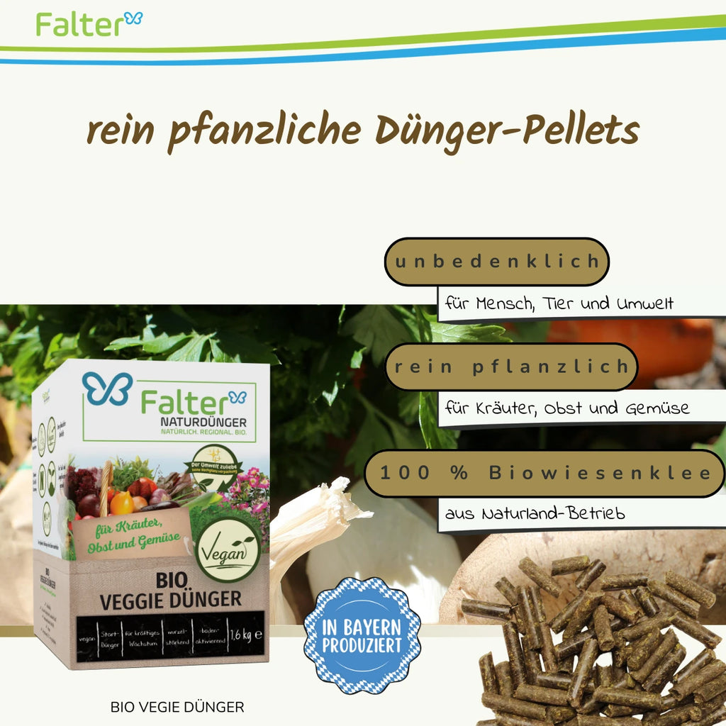 rein pflanzliche Dünger-Pellests. Unbedenklich für Mensch, Tier und Umwelt. Rein pflanzlich für Kräuter, Obst, Gemüse. 100 % Biowiesenklee aus Naturland-Betrieb.