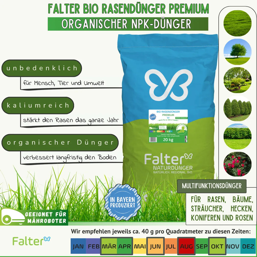 Falter BIO Rasendünger Premium - Organischer NPK-Dünger. Unbedenklich für Mensch und Tier. Kaliumreich fürs ganze Jahr. Organischer Dünger verbessert langfristig den Boden. Multifunktionsdünger für Rasen, Bäume, Sträucher, Hecken, Koniferen und Rosen. Wir empfehlen 40 g pro Quadratmehter zu diesen Zeiten: März/April (nach dem ersten Mähen, Juni, August, Oktober (nach dem letzten Mähen).