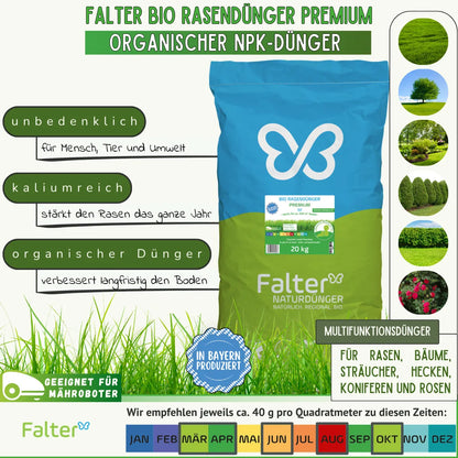 Falter BIO Rasendünger Premium - Organischer NPK-Dünger. Unbedenklich für Mensch und Tier. Kaliumreich fürs ganze Jahr. Organischer Dünger verbessert langfristig den Boden. Multifunktionsdünger für Rasen, Bäume, Sträucher, Hecken, Koniferen und Rosen. Wir empfehlen 40 g pro Quadratmehter zu diesen Zeiten: März/April (nach dem ersten Mähen, Juni, August, Oktober (nach dem letzten Mähen).