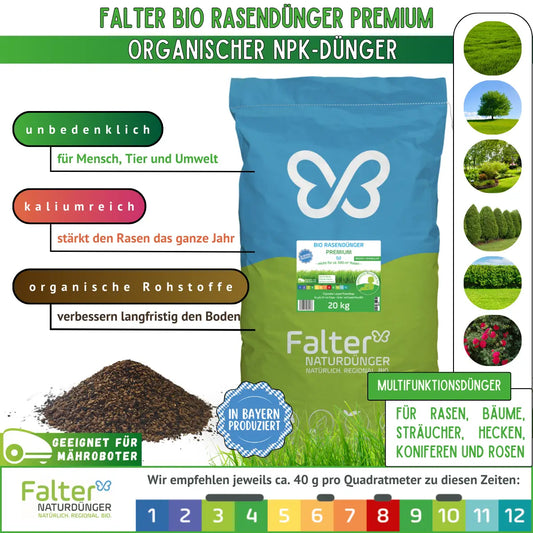 Falter BIO Rasendünger Premium - Organischer NPK-Dünger. Unbedenklich für Mensch, Tier und Umwelt. Kaliumreich: stärkt den Rasen das ganze Jahr. Organische Rohstoffe: verbessern langfristig den Boden. Geeignet für Mähroboter. Multifunktionsdünger für Rasen, Bäume, Sträucher, Hecken, Koniferen und Rosen. Wir empfehlen ca. 40 g pro Quadratmeter zu diesen Zeiten: März/April, Juni, August, Oktober.