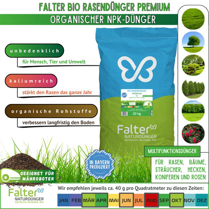 Falter BIO Rasendünger Premium - Organischer NPK-Dünger. Unbedenklich für Mensch, Tier und Umwelt. Kaliumreich: stärkt den Rasen das ganze Jahr. Organische Rohstoffe: verbessern langfristig den Boden. Geeignet für Mähroboter. Multifunktionsdünger für Rasen, Bäume, Sträucher, Hecken, Koniferen und Rosen. Wir empfehlen ca. 40 g pro Quadratmeter zu diesen Zeiten: März/April, Juni, August, Oktober.