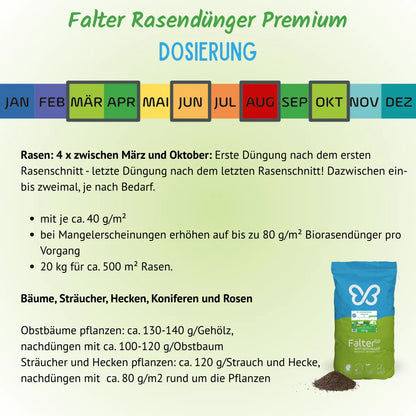 Dosierung: Rasen: 4 x zwischen März und Oktober: Erste Düngung nach dem ersten Rasenschnitt - letzte Düngung nach dem letzten Rasenschnitt! Dazwischen ein- bis zweimal, je nach Bedarf mit je ca. 40 g/m²; bei Mangelerscheinungen erhöhen auf bis zu 80 g/m². 20 kg für ca. 500 m² Rasen.

Bäume, Sträucher, Hecken, Koniferen und Rosen: Obstbäume pflanzen: ca. 130-140 g/Gehölz, nachdüngen mit ca. 100-120 g/Obstbaum. Sträucher und Hecken pflanzen: ca. 120 g/Strauch und Hecke, 
nachdüngen mit  ca. 80 g/m2 
