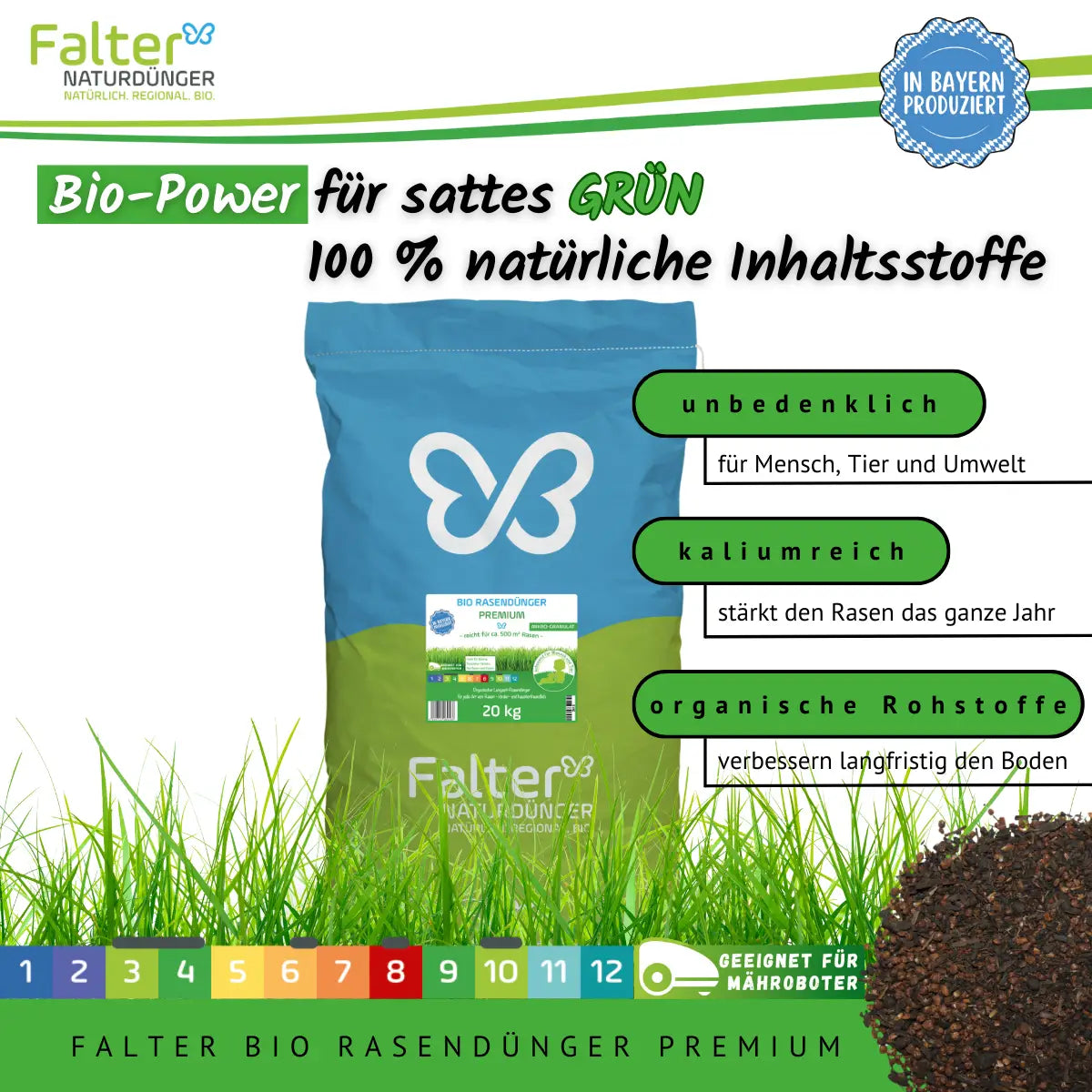 Bio-Power für sattes Grün: 100 % natürliche Inhaltsstoffe - unbedenklich für Mensch und Tier - kaliumreich, stärkt den Rasen das ganze Jahr - organische Rohstoffe, verbessern langfristig den Boden - Falter BIO Rasendünger Premium - geeignet für Mähroboter
