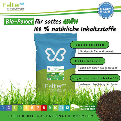 Bio-Power für sattes Grün: 100 % natürliche Inhaltsstoffe - unbedenklich für Mensch und Tier - kaliumreich, stärkt den Rasen das ganze Jahr - organische Rohstoffe, verbessern langfristig den Boden - Falter BIO Rasendünger Premium - geeignet für Mähroboter