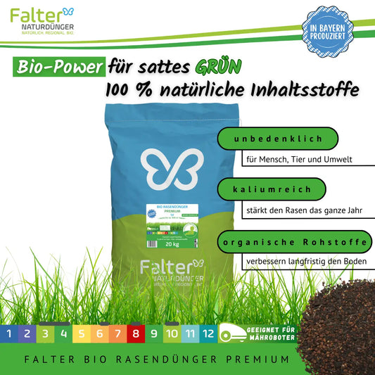 Bio-Power für sattes Grün: 100 % natürliche Inhaltsstoffe - unbedenklich für Mensch und Tier - kaliumreich, stärkt den Rasen das ganze Jahr - organische Rohstoffe, verbessern langfristig den Boden - Falter BIO Rasendünger Premium - geeignet für Mähroboter