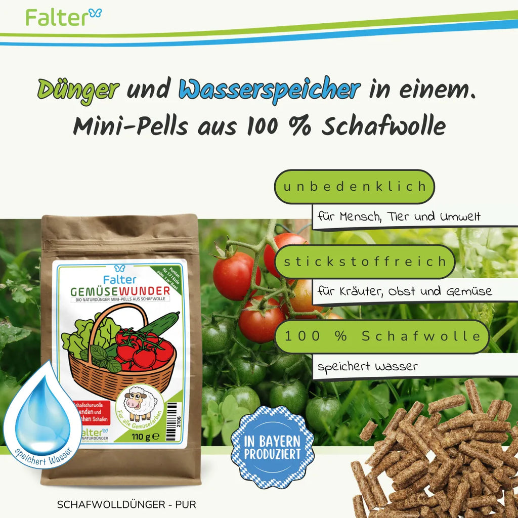 Falter Gemüsewunder bzw. BIO Schafwolldünger Mini-Pells 110 g, Testgröße: Dünger und Wasserspeicher in einem: Schafwollpellets aus 100 % Schafwolle. Unbedenklich für Mensch, Tier und Umwelt. Stickstoffreich für Kräuter, Obst und Gemüse. 100 % Schafwolle: speichert Wasser. 