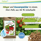 Falter Gemüsewunder bzw. BIO Schafwolldünger Mini-Pells 110 g, Testgröße: Dünger und Wasserspeicher in einem: Schafwollpellets aus 100 % Schafwolle. Unbedenklich für Mensch, Tier und Umwelt. Stickstoffreich für Kräuter, Obst und Gemüse. 100 % Schafwolle: speichert Wasser. 