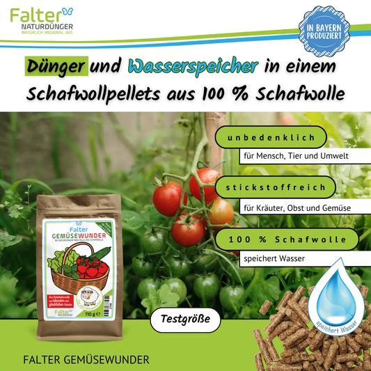Falter Gemüsewunder bzw. BIO Schafwolldünger Mini-Pells 110 g, Testgröße: Dünger und Wasserspeicher in einem: Schafwollpellets aus 100 % Schafwolle. Unbedenklich für Mensch, Tier und Umwelt. Stickstoffreich für Kräuter, Obst und Gemüse. 100 % Schafwolle: speichert Wasser. 