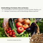Schafwolldünger für Kräuter, Obst und Gemüse
→ stickstoffreich und somit optimal für Tomaten, Gurken, Paprika u.v.m.
→ weniger Trockenstress, weil Schafwolldünger Wasser speichert