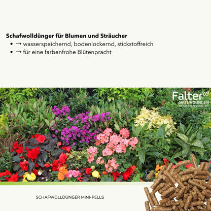 Schafwolldünger für Blumen und Sträucher
→ wasserspeichernd, bodenlockernd, stickstoffreich
→ für eine farbenfrohe Blütenpracht
