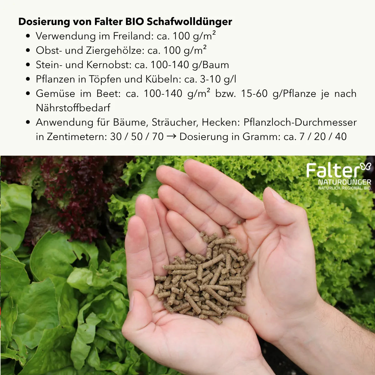 Dosierung: Verwendung im Freiland: ca. 100 g/m² / Obst- und Ziergehölze: ca. 100 g/m² / Stein- und Kernobst: ca. 100-140 g/Baum / Pflanzen in Töpfen und Kübeln: ca. 3-10 g/l / Gemüse im Beet: ca. 100-140 g/m² bzw. 15-60 g/Pflanze je nach Nährstoffbedarf / Anwendung für Bäume, Sträucher, Hecken: Pflanzloch-Durchmesser in Zentimetern: 30 / 50 / 70 → Dosierung in Gramm: ca. 7 / 20 / 40