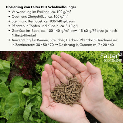 Dosierung: Verwendung im Freiland: ca. 100 g/m² / Obst- und Ziergehölze: ca. 100 g/m² / Stein- und Kernobst: ca. 100-140 g/Baum / Pflanzen in Töpfen und Kübeln: ca. 3-10 g/l / Gemüse im Beet: ca. 100-140 g/m² bzw. 15-60 g/Pflanze je nach Nährstoffbedarf / Anwendung für Bäume, Sträucher, Hecken: Pflanzloch-Durchmesser in Zentimetern: 30 / 50 / 70 → Dosierung in Gramm: ca. 7 / 20 / 40
