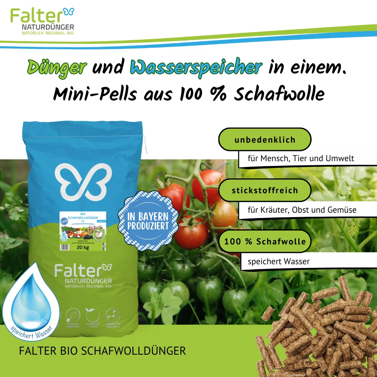 Falter BIO Schafwolldünger Mini-Pells 20 kg: Dünger und Wasserspeicher in einem: Schafwollpellets aus 100 % Schafwolle. Unbedenklich für Mensch, Tier und Umwelt. Stickstoffreich für Kräuter, Obst und Gemüse. 100 % Schafwolle: speichert Wasser. 