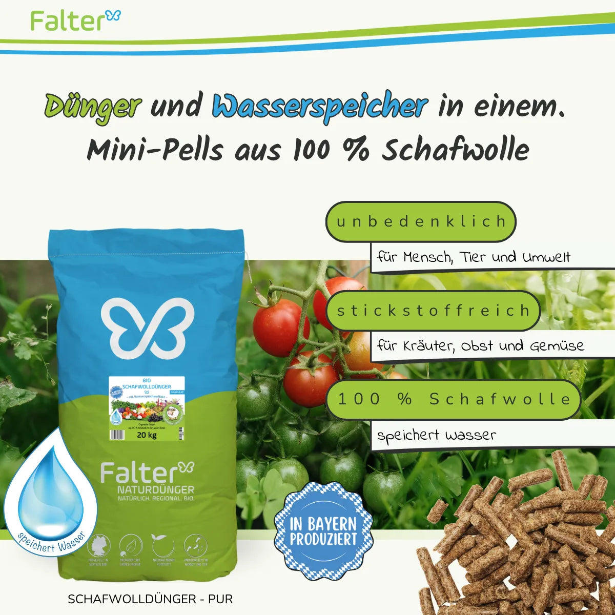 Falter BIO Schafwolldünger Mini-Pells 20 kg: Dünger und Wasserspeicher in einem: Schafwollpellets aus 100 % Schafwolle. Unbedenklich für Mensch, Tier und Umwelt. Stickstoffreich für Kräuter, Obst und Gemüse. 100 % Schafwolle: speichert Wasser. 