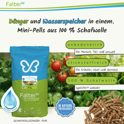 Falter BIO Schafwolldünger Mini-Pells 20 kg: Dünger und Wasserspeicher in einem: Schafwollpellets aus 100 % Schafwolle. Unbedenklich für Mensch, Tier und Umwelt. Stickstoffreich für Kräuter, Obst und Gemüse. 100 % Schafwolle: speichert Wasser. 