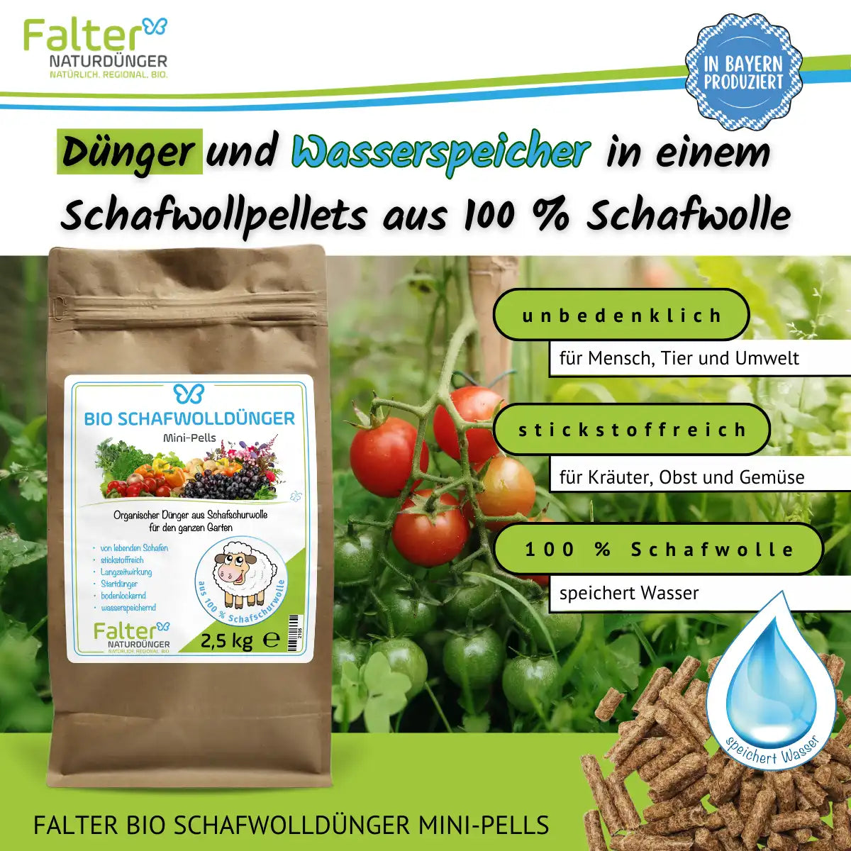 Dünger und Wasserspeicher in einem: Schafwollpellets aus 100 % Schafwolle. Unbedenklich für Mensch, Tier und Umwelt. Stickstoffreich für Kräuter, Obst und Gemüse. 100 % Schafwolle: speichert Wasser. 
