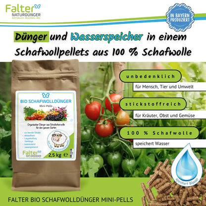 Dünger und Wasserspeicher in einem: Schafwollpellets aus 100 % Schafwolle. Unbedenklich für Mensch, Tier und Umwelt. Stickstoffreich für Kräuter, Obst und Gemüse. 100 % Schafwolle: speichert Wasser. 