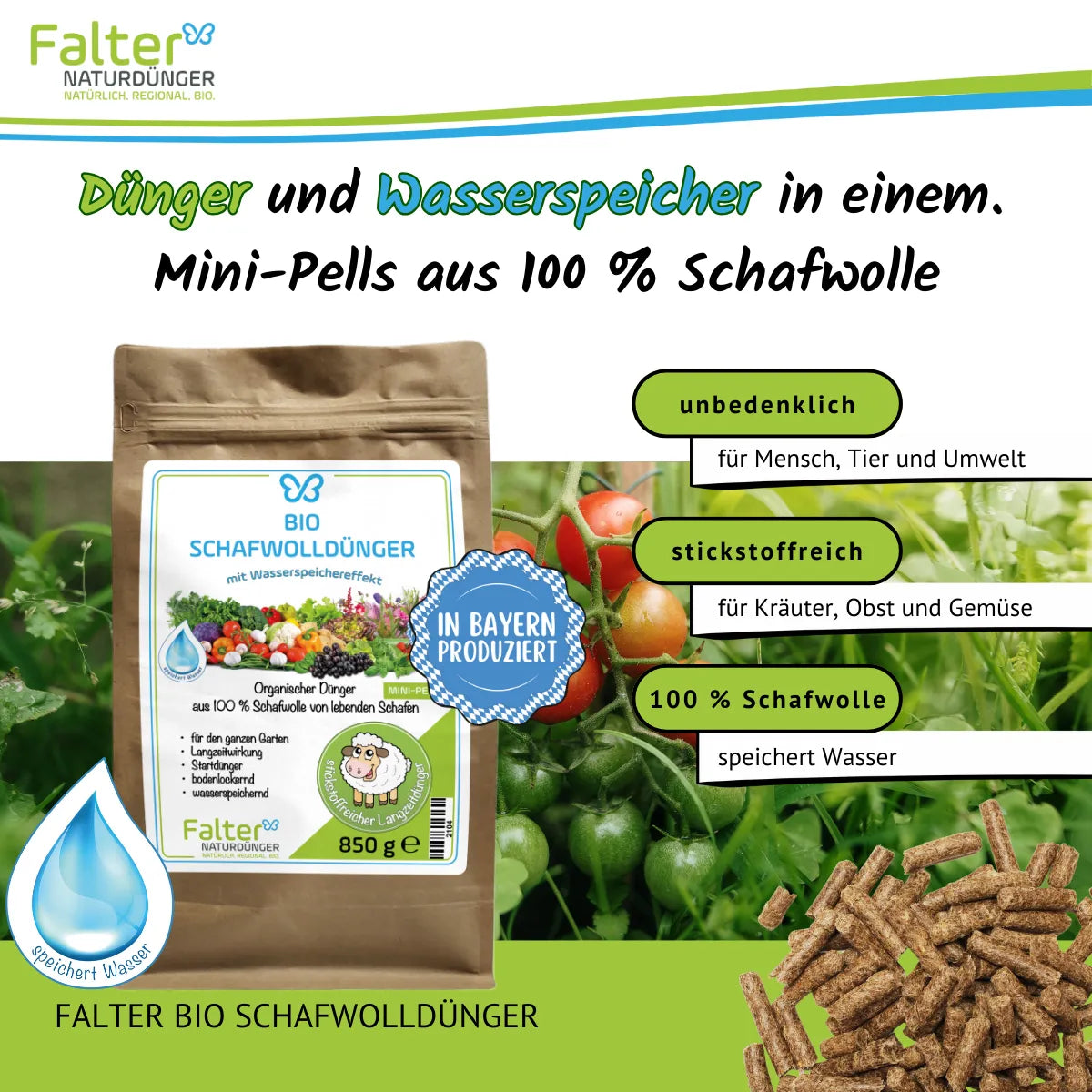 Falter BIO Schafwolldünger Mini-Pells 850 g: Dünger und Wasserspeicher in einem: Schafwollpellets aus 100 % Schafwolle. Unbedenklich für Mensch, Tier und Umwelt. Stickstoffreich für Kräuter, Obst und Gemüse. 100 % Schafwolle: speichert Wasser. 