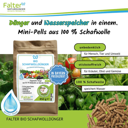 Falter BIO Schafwolldünger Mini-Pells 850 g: Dünger und Wasserspeicher in einem: Schafwollpellets aus 100 % Schafwolle. Unbedenklich für Mensch, Tier und Umwelt. Stickstoffreich für Kräuter, Obst und Gemüse. 100 % Schafwolle: speichert Wasser. 