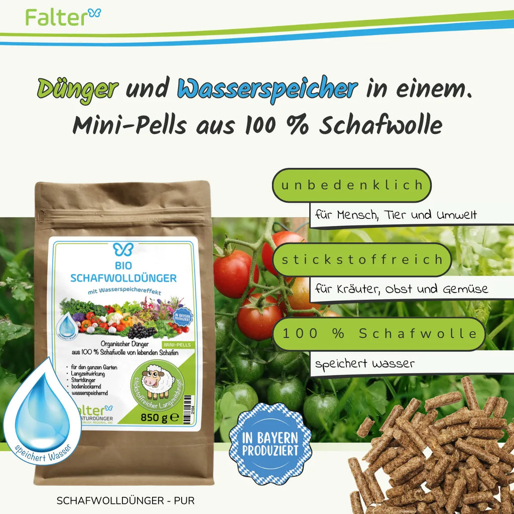 Falter BIO Schafwolldünger Mini-Pells 850 g: Dünger und Wasserspeicher in einem: Schafwollpellets aus 100 % Schafwolle. Unbedenklich für Mensch, Tier und Umwelt. Stickstoffreich für Kräuter, Obst und Gemüse. 100 % Schafwolle: speichert Wasser. 