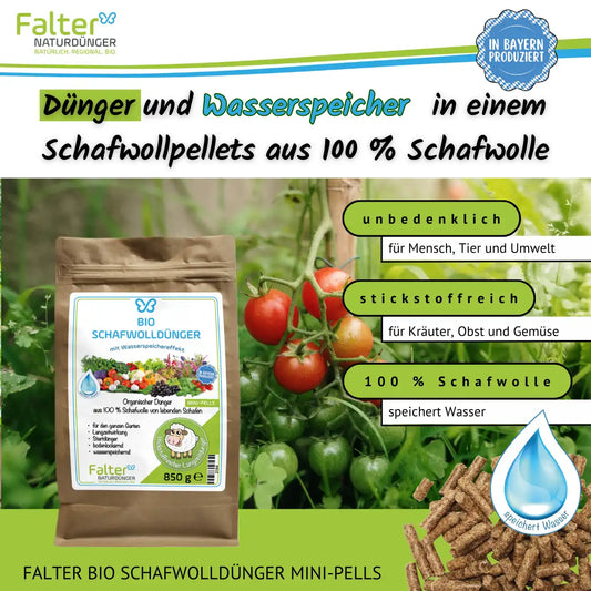 Dünger und Wasserspeicher in einem: Schafwollpellets aus 100 % Schafwolle. Unbedenklich für Mensch, Tier und Umwelt. Stickstoffreich für Kräuter, Obst und Gemüse. 100 % Schafwolle: speichert Wasser. 