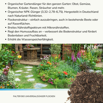 Organischer Gartendünger für den ganzen Garten: Obst, Gemüse, Blumen, Kräuter, Rasen, Sträucher und mehr. 
Organischer NPK-Dünger (3,32–2,78–6,75). Hergestellt in Deutschland nach Naturland-Richtlinien.
Flockenstruktur – einfach auszubringen, auch in bestehende Beete oder auf Rasenflächen.
Breites Nährstoffspektrum mit Mikronährstoffen.
Regt den Humusaufbau an – verbessert die Bodenstruktur und fördert Bodenleben und Fruchtbarkeit.
Erhöht die Wasserspeicherfähigkeit.