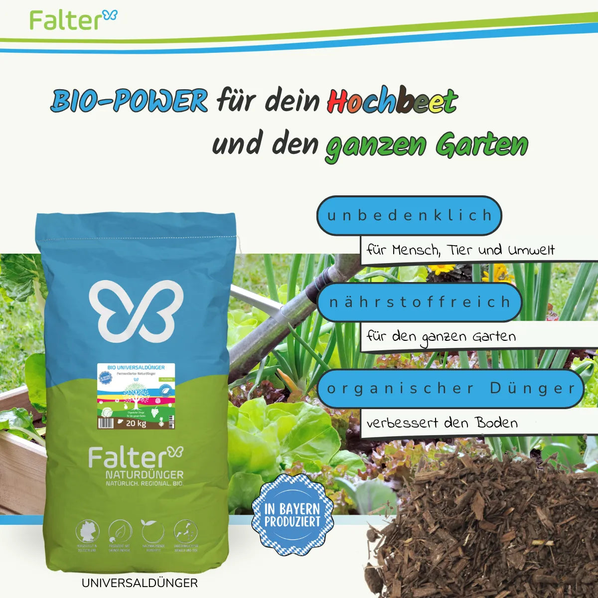 Bio-Power für dein Hochbeet und den ganzen Garten. Unbedenklich für Mensch und Tier. Nährstoffreich für den ganzen Garten. Organischer Dünger verbessert den Boden.