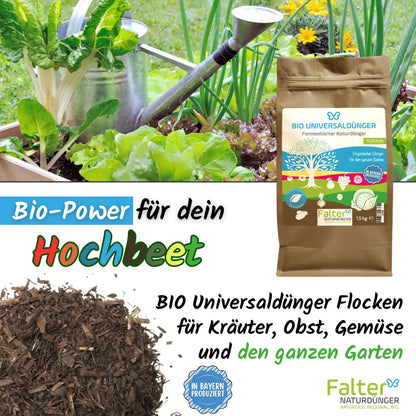 Bio-Power für dein Hochbeet. Bio Universaldünger flocken für Kräuter, Obst, Gemüse und den ganzen Garten. 
