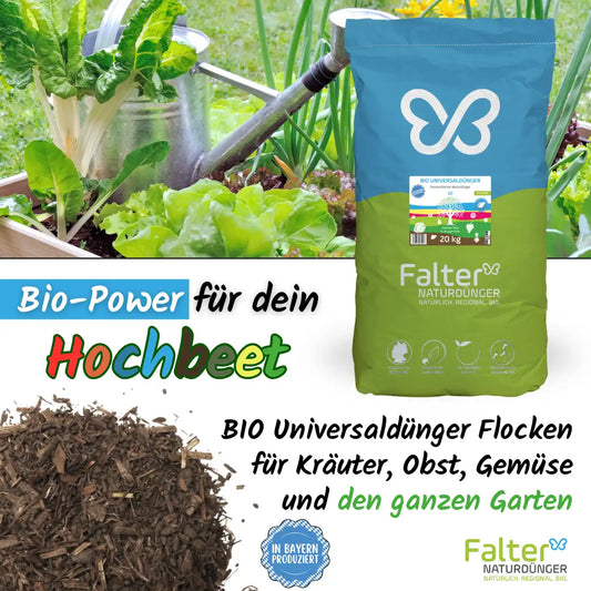 Bio-Power für dein Hochbeet. BIO Universalddünger Flocken für KRäuter, Obst, Gemüse und den ganzen Garten.