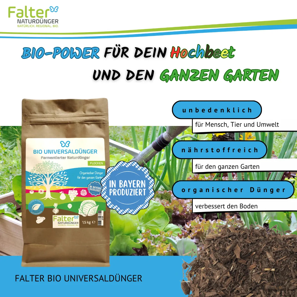 Falter BIO Universaldünger: Bio-Power für dein Hochbeet un den ganzen Garten. Unbedenlich für Mensch, Tier und Umwelt. Nährstoffreich für den ganzen Garten. Organischer Dünger: verbessert den Boden. Falter Naturdünger.