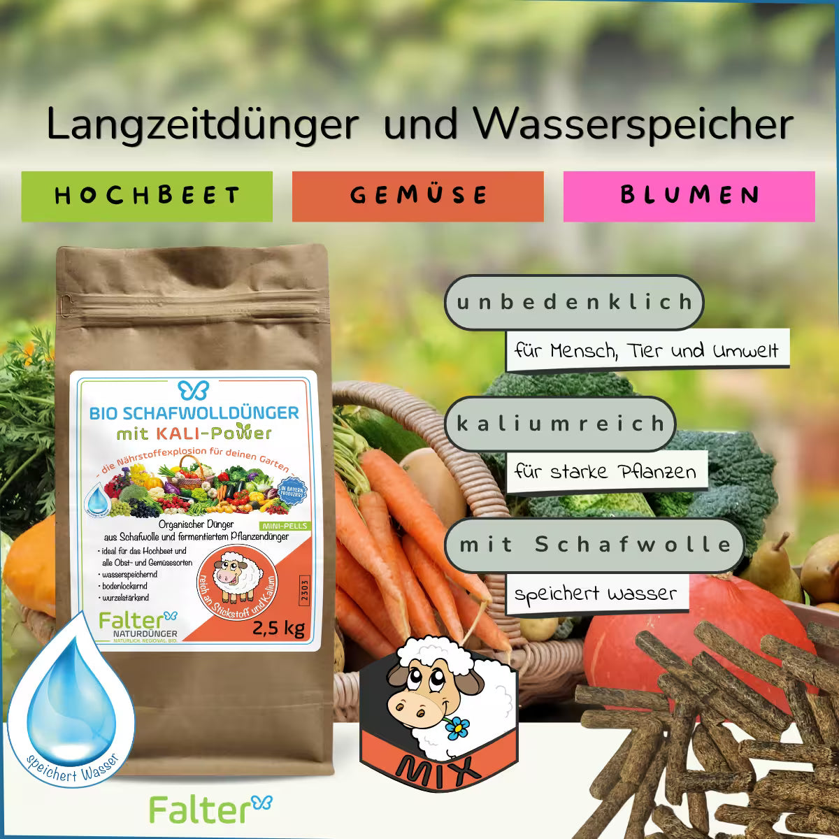 2,5kg Falter Schafwolldünger mit KALI-Power- kaliumreiche Schafwollpellets - Langzeitdünger und Wasserspeicher für Hochbeet, Gemüse und Blumen