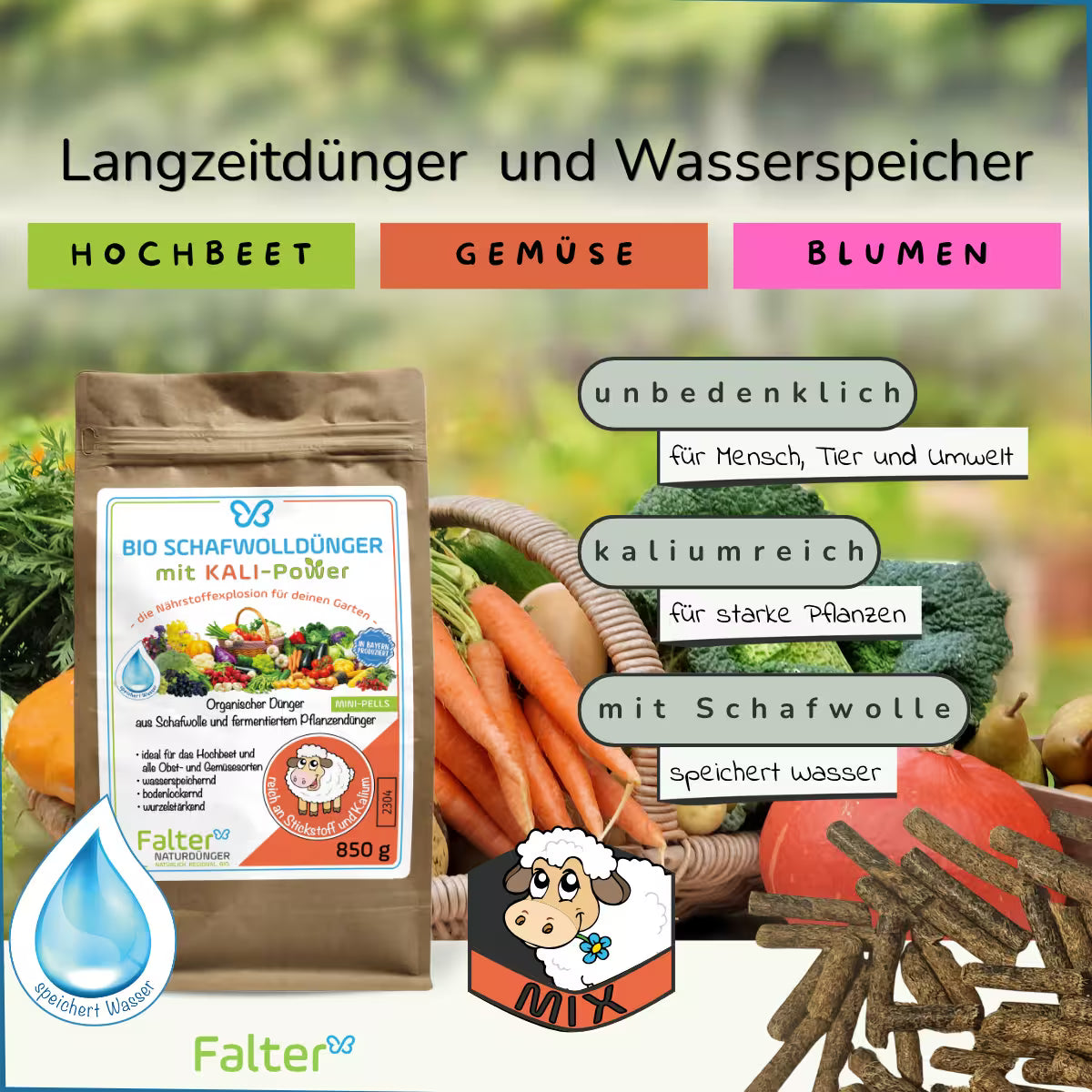 850g Falter Schafwolldünger mit KALI-Power- kaliumreiche Schafwollpellets - Langzeitdünger und Wasserspeicher für Hochbeet, Gemüse und Blumen