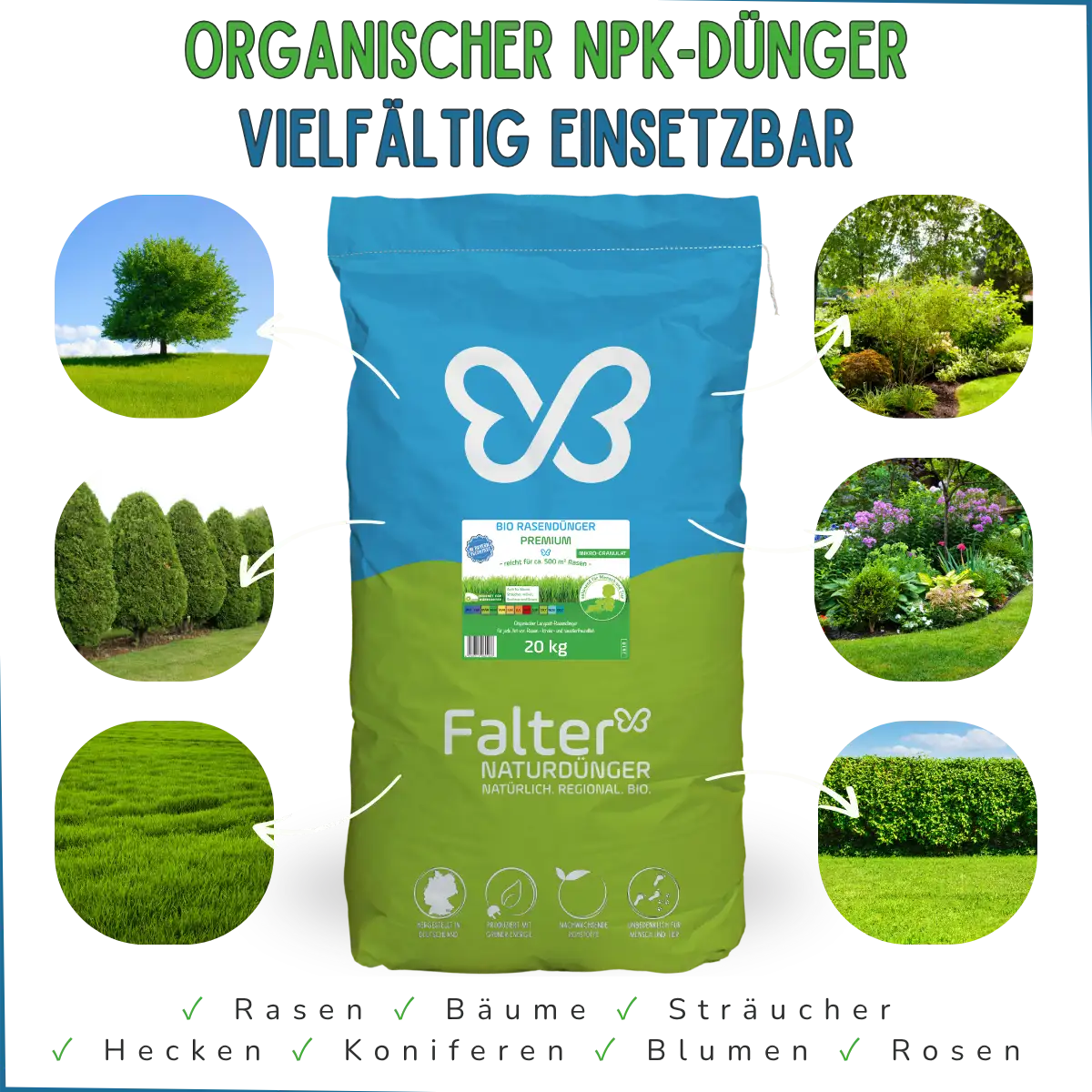 Falter BIO Rasendünger Premium. Vielfältig einsetzbar: Rasen, Bäume, Sträucher, Hecken, Koniferen, Blumen, Rosen