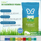 Falter BIO Rasendünger Premium - Organischer NPK-Dünger. Unbedenklich für Mensch, Tier und Umwelt. Kaliumreich: stärkt den Rasen das ganze Jahr. Organische Rohstoffe: verbessern langfristig den Boden. Geeignet für Mähroboter. Multifunktionsdünger für Rasen, Bäume, Sträucher, Hecken, Koniferen und Rosen. Wir empfehlen ca. 40 g pro Quadratmeter zu diesen Zeiten: März/April, Juni, August, Oktober.