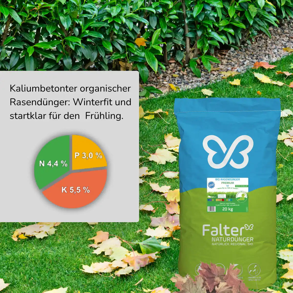 Kaliumbetonter NPK-Rasendünger. Mach den Rasen winterfit und startklart für den kommenden Frühling.