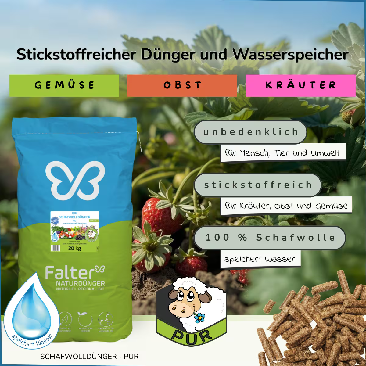 20 kg Schafwollpellets: Dünger und Wasserspeicher in einem: Schafwolldünger aus 100 % Schafwolle. Unbedenklich für Mensch, Tier und Umwelt. Stickstoffreich für Kräuter, Obst und Gemüse. 100 % Schafwolle: speichert Wasser. 