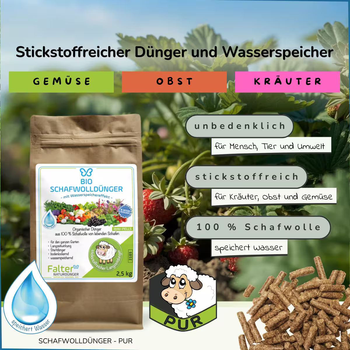 Falter BIO Schafwolldünger Mini-Pells 2,5 kg: Dünger und Wasserspeicher in einem: Schafwollpellets aus 100 % Schafwolle. Unbedenklich für Mensch, Tier und Umwelt. Stickstoffreich für Kräuter, Obst und Gemüse. 100 % Schafwolle: speichert Wasser. 