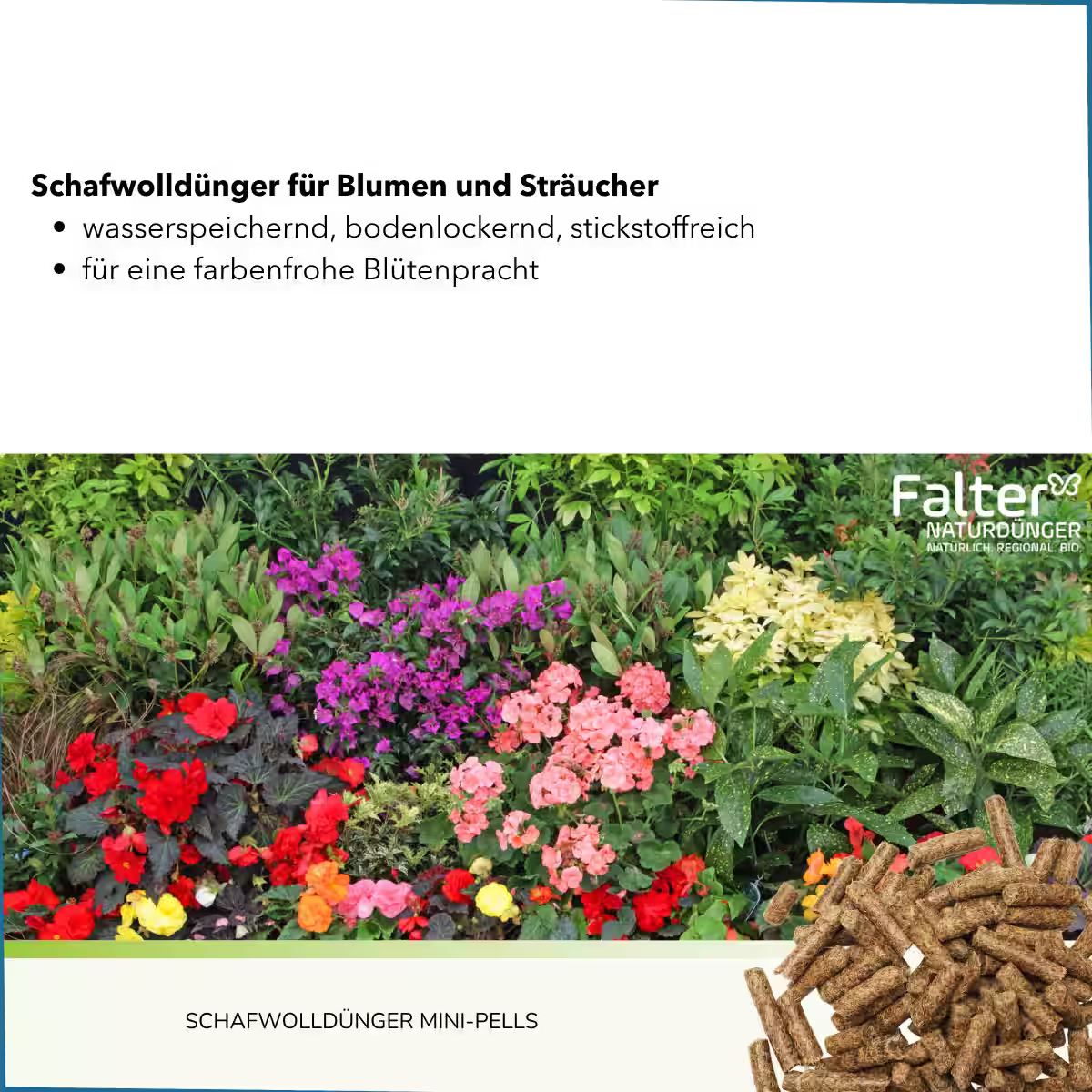 Schafwolldünger für Blumen und Sträucher
→ wasserspeichernd, bodenlockernd, stickstoffreich
→ für eine farbenfrohe Blütenpracht