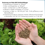 Dosierung: Verwendung im Freiland: ca. 100 g/m² / Obst- und Ziergehölze: ca. 100 g/m² / Stein- und Kernobst: ca. 100-140 g/Baum / Pflanzen in Töpfen und Kübeln: ca. 3-10 g/l / Gemüse im Beet: ca. 100-140 g/m² bzw. 15-60 g/Pflanze je nach Nährstoffbedarf / Anwendung für Bäume, Sträucher, Hecken: Pflanzloch-Durchmesser in Zentimetern: 30 / 50 / 70 → Dosierung in Gramm: ca. 7 / 20 / 40
