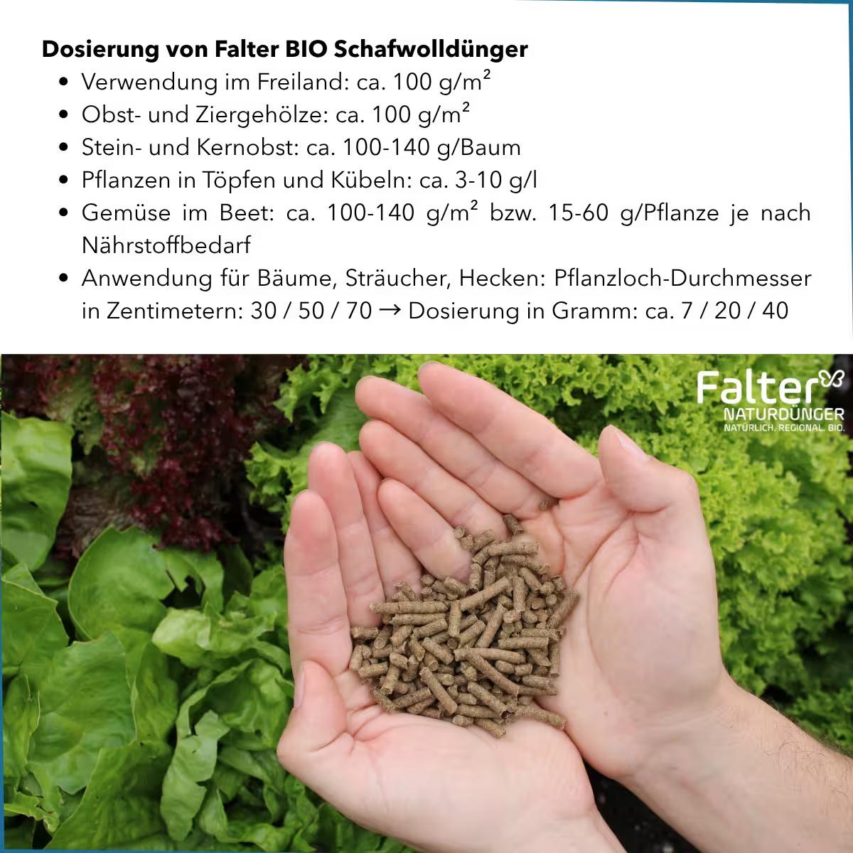 Dosierung: Verwendung im Freiland: ca. 100 g/m² / Obst- und Ziergehölze: ca. 100 g/m² / Stein- und Kernobst: ca. 100-140 g/Baum / Pflanzen in Töpfen und Kübeln: ca. 3-10 g/l / Gemüse im Beet: ca. 100-140 g/m² bzw. 15-60 g/Pflanze je nach Nährstoffbedarf / Anwendung für Bäume, Sträucher, Hecken: Pflanzloch-Durchmesser in Zentimetern: 30 / 50 / 70 → Dosierung in Gramm: ca. 7 / 20 / 40