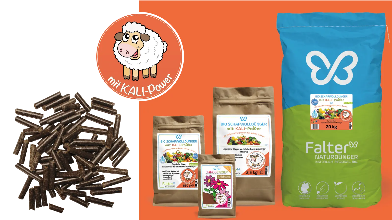 Verpackungen mit Schafwolldünger KALI-Power mit Schafschurwolle
